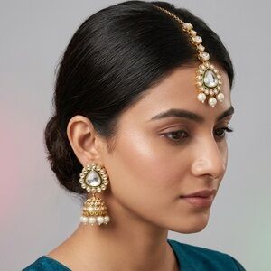 Kundan Polki Jhumka Earrings & Maang Tikka Set